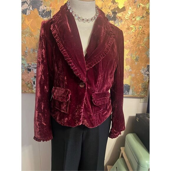 INC international Concepts Burgundy Velvet Jacket With Ruffled Accents Size PL - Picture 1 of 5